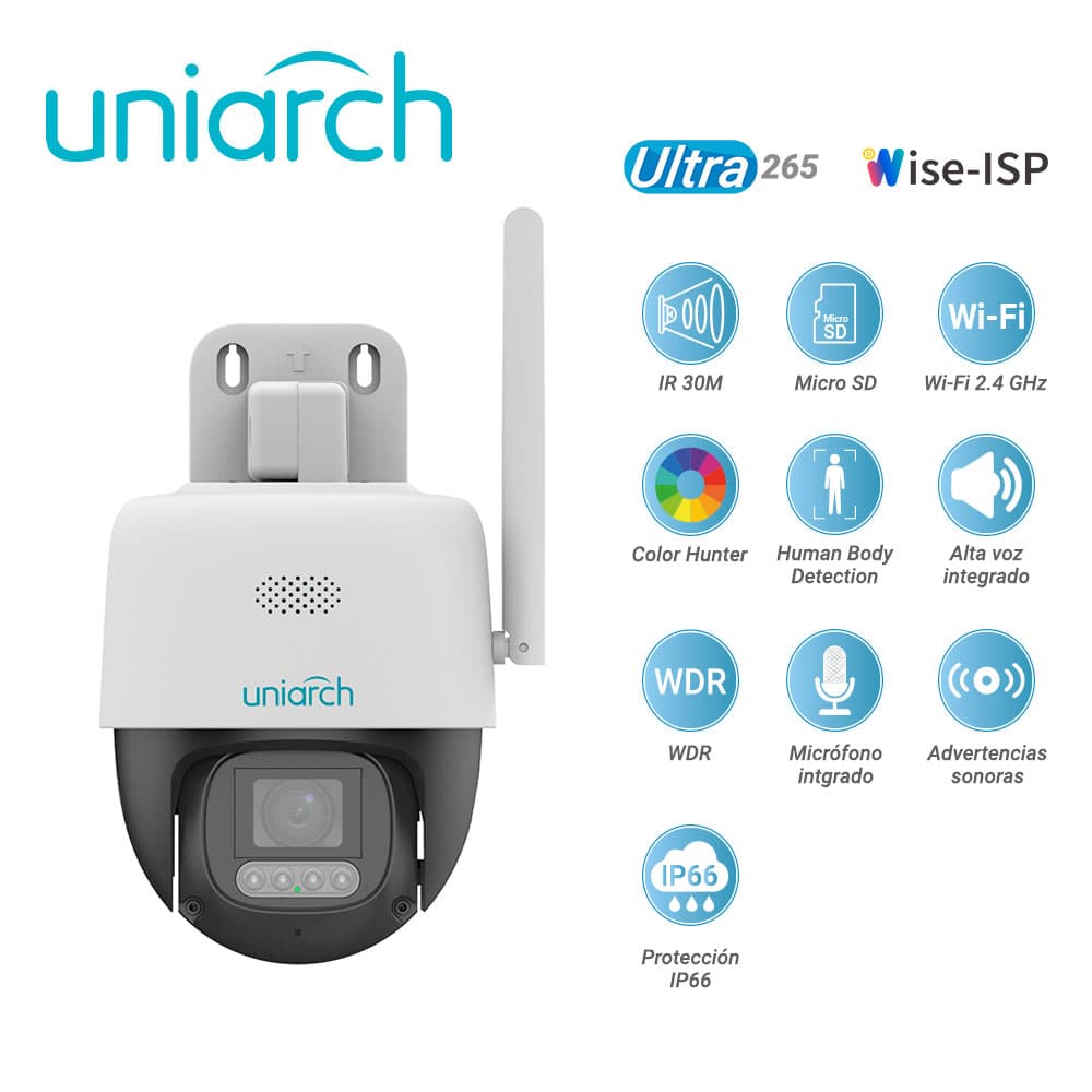 CAMARA IP PT WI-FI COLORHUNTER WISE-ISP UNIARCH UHO-P3C-M5F4 / 5MP / LENTE-4MM / DWDR / LUZ-CALIDA30M / MICROSD512GB / MICROFONO+ALTAVOZ-INTEGRADO / ADVERTENCIAS-SONORAS+LUMINOSAS /HUMAN-BODY-DETECTION / WI-FI2.4 / IP66 / ULTRA 265 / 12 VCD / CLOUD-S - Miniatura 2