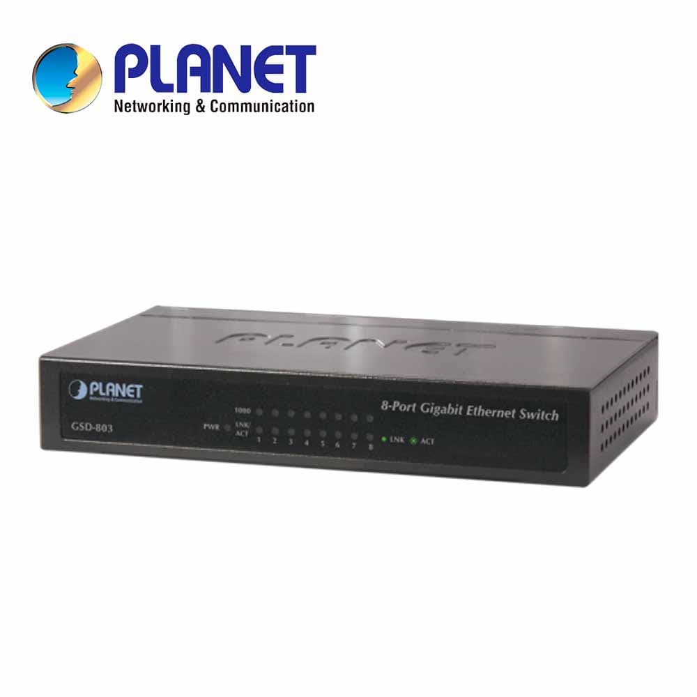 SWITCH NO ADMINISTRABLE 8 PUERTOS GIGA GSD-803 PLANET / 8 PUERTOS AUTO MDI/MID-X / VELOCIDAD DE TRANSMISION 10/100/1,000MBPS / METALICO / 5V VCD-1A / 4.2W DE CONSUMO / 11,9 MBPS / CASA-OFICINA - Miniatura 2