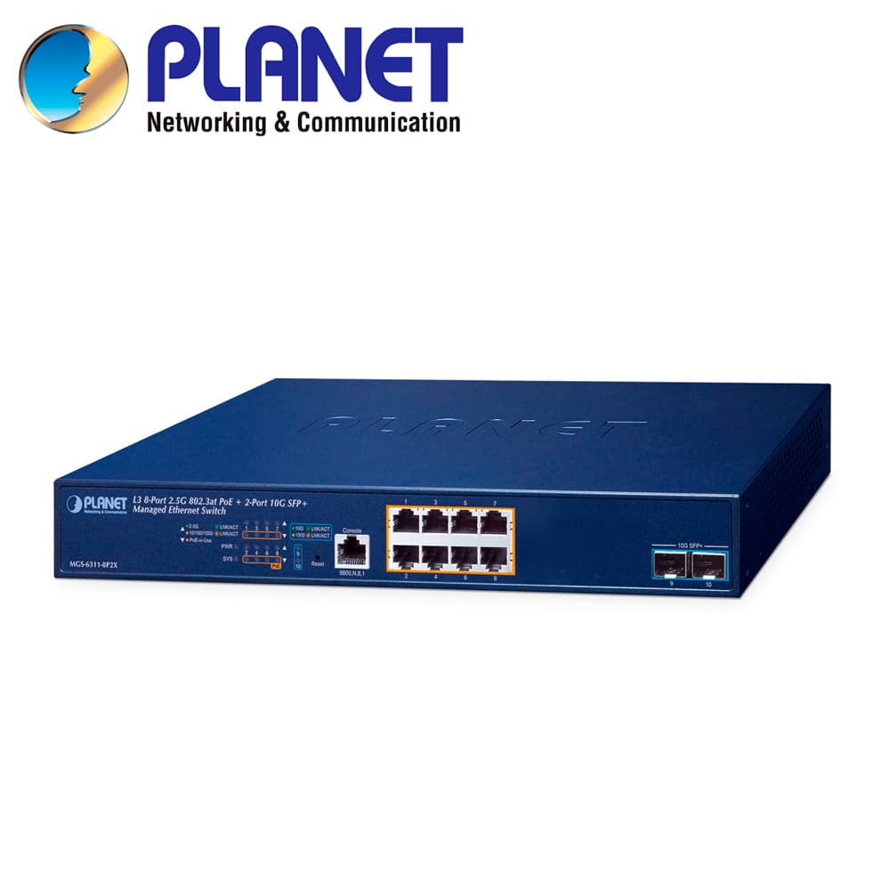 SWITCH POE ADMINISTRABLE L3 PLANET MGS-6311-8P2X / 8 PUERTOS RJ45 POE AF/AT 10M/100M/1,000M/2.5GBPS / 2 PUERTOS SFP+ 1/10GBPS / 1 PUERTO CONSOLA / BUDGET POE 150W / ANILLO ERPS / IGMP ACL MLD / OSPF V2 ROUNTING DINAMICO / FUENTE DE ALIMENTACION 100-2 - Miniatura 2