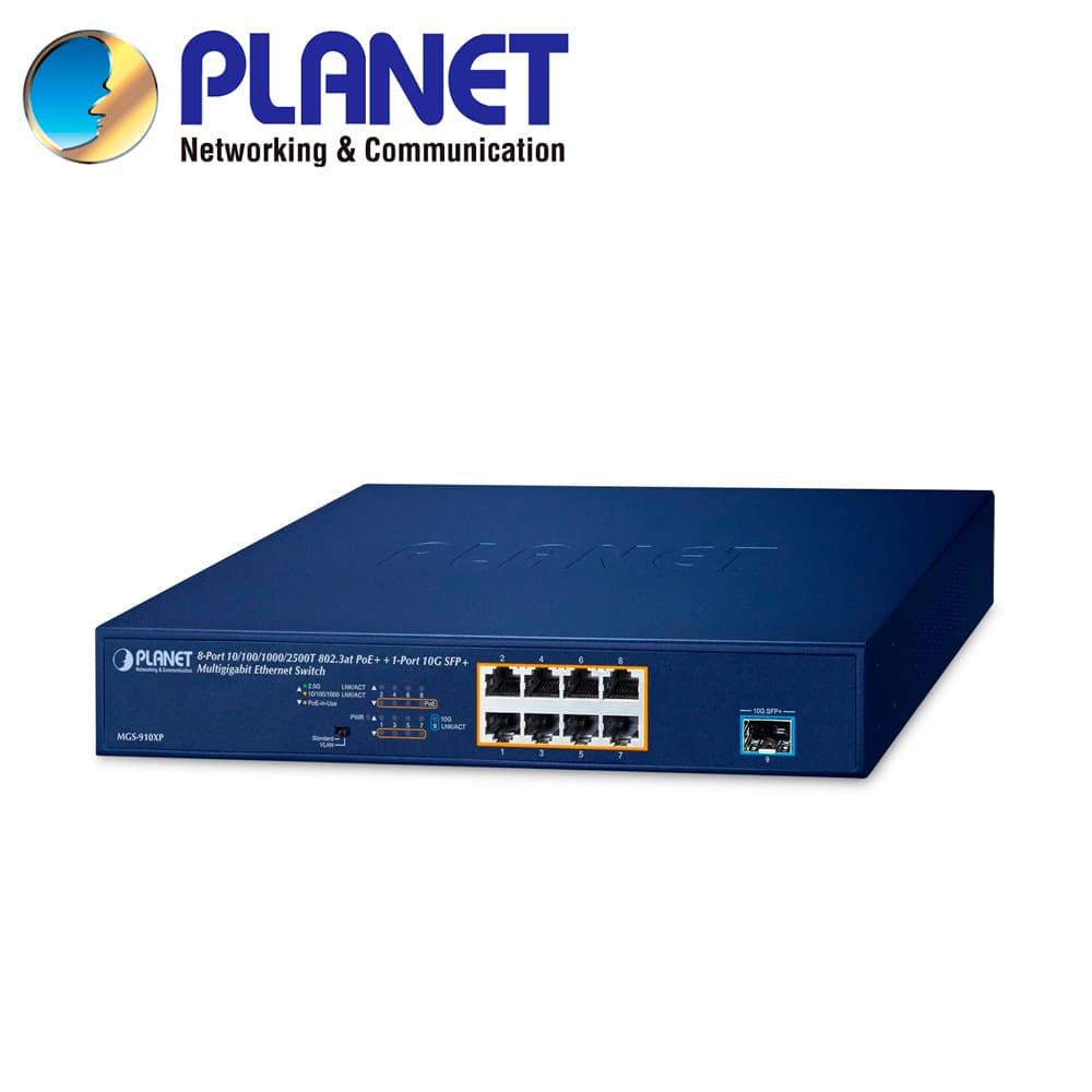 SWITCH POE NO-ADMINISTRABLE PLANET MGS-910XP / 8 PUERTOS RJ45 POE AF/AT 10M/100M/1G/2.5GBPS / 1 PUERTO SFP+ 10GBPS / BUDGET POE 120W / FUENTE ALIMENTACION 100-240VCA - Miniatura 2