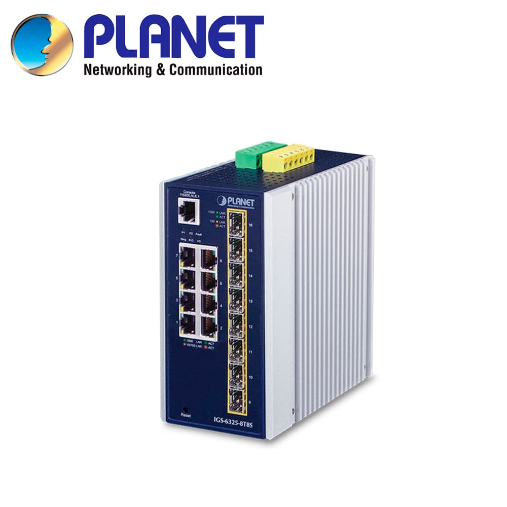 SWITCH INDUSTRIAL ADMINISTRABLE L3 PLANET IGS-6325-8T8S / 8 PUERTOS RJ45 10/100/1,000MBPS / 8 PUERTOS SFP 100M/1/2.5GBPS / 2 ENTRADAS/SALIDAS ALARMA DIGITAL / ANILLO ERPS MODBUS TCP / 1588 PTP / ALIMENTACION 12-48VCD/24VCA / INSTALACION EN DIN-RAIL/P - Miniatura 2