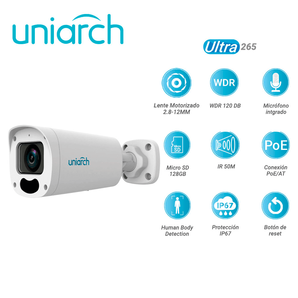 CAMARA IP BULLET UNIARCH IPC-B312-APKZ / 2MP / ULTRA265/ LENTE MOTORIZADO 2.8 MM-12 MM  / WDR 120DB / MICROFONO EMBEBIDO / RANURA PARA MICRO SD 128 GB /  IR 50M / POE AT Y 12VCD / ANALITICAS HUMAN BODY DETECTION / IP67 / BOTON DE RESET - Miniatura 4