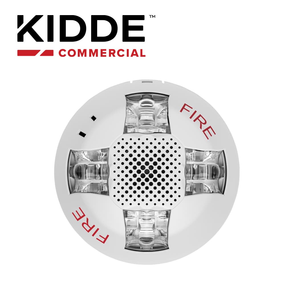 SIRENA CON LUZ ESTROBOSCOPICA MONTAJE EN  TECHO  / KIDDE  EGCAVWF / COLOR BLANCO  CON LA PALABRA FIRE  15-115 CD  INCLUYE  PLACA DE CABLEADO GRSW  - Miniatura 2