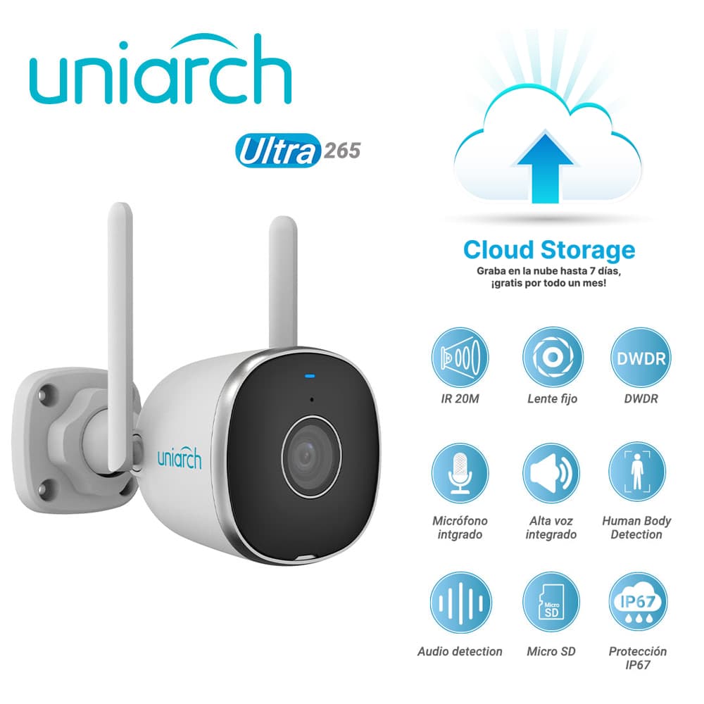 CAMARA IP BULLET WIFI 2.4 GHz CLOUD GRATUITO 7 DIAS UNIARCH Uho-B2R-M2F3 / 2MP / FULLHD / ULTRA265 / 12 VCD / DWDR / 3 AXIS / LENTE FIJO DE 2.8 MM / IR INTELIGENTE HASTA 20M / MICROFONO Y ALTAVOZ INTEGRADO / HUMAN BODY DETECTION / AUDIO DETECTION / R - Miniatura 6