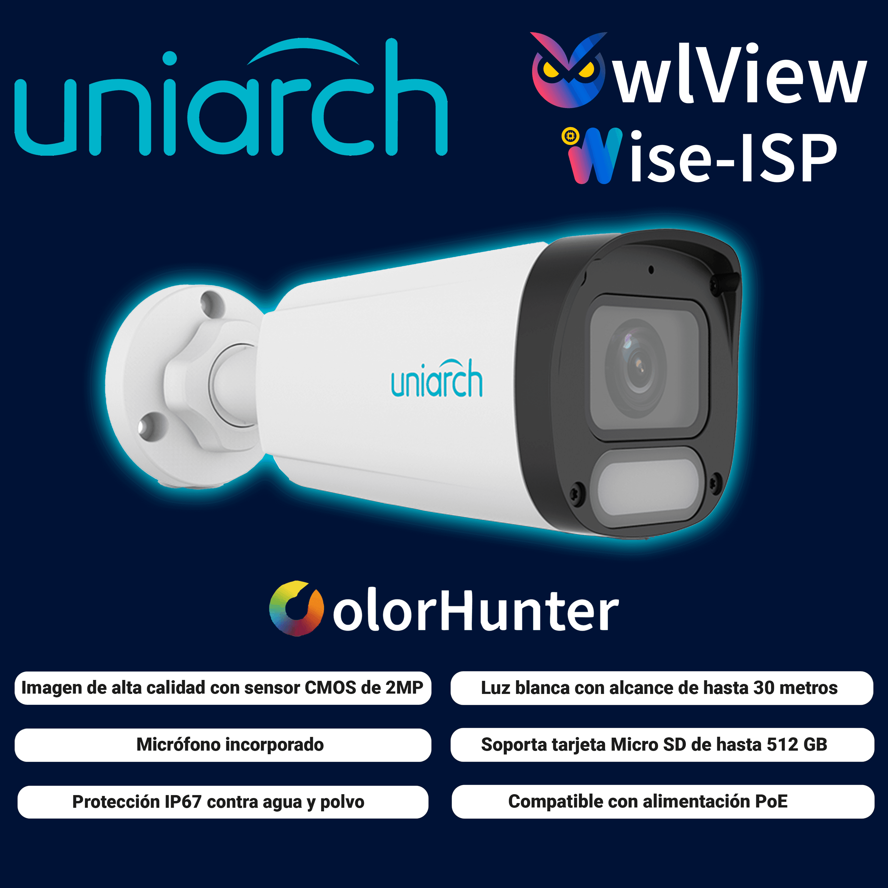 CAMARA IP BULLET OWLVIEW UNIARCH IPC-B242-ADF28K-WP / 2MP / LENTE 2.8MM / TRUE-WDR120DB / LUZ-CALIDA30M-LUZ-BLANCA30M / MICROSD512GB / MICROFONO-INTEGRADO / ULTRA-MOTION-DETECTION / POE-AF / ONVIF / NDAA / 3-AXIS / IP67 / GRAFENO+PLASTICO / ULTRA265  - Miniatura 5