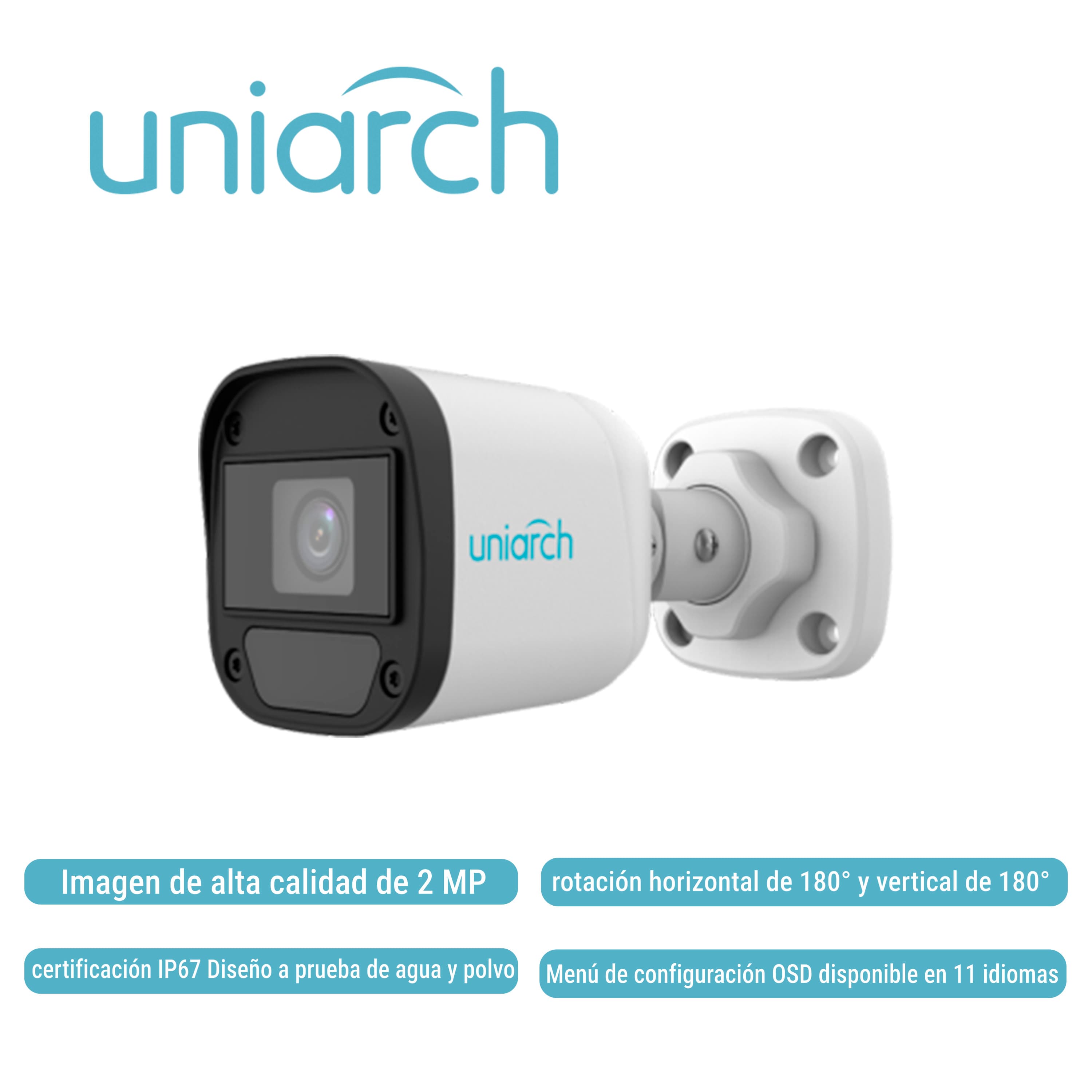CAMARA ANALOGA BULLET UNIARCH UAC-B112-F28-X-H / 2MP / TVI/AHD/CVI: 1080P@30fps / LENTE-2.8MM / DWDR / IR20M / OSD-MENU / 3DNR / INTERIOR+EXTERIOR / ADMITE-GIRO180GRADOS(HORIZONTAL+VERTICAL) / PLASTICA / IP67 / 12VCD - Miniatura 2