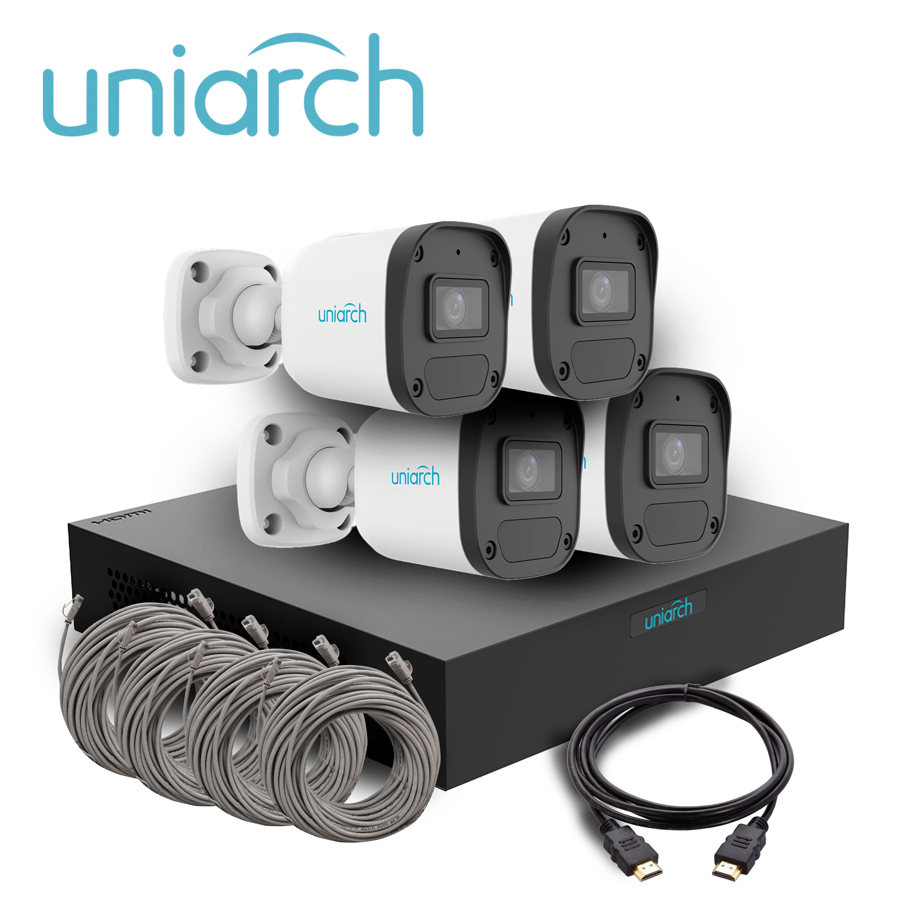 KIT MINI FIXED BULLET UNIARCH IPKIT-104S-4BC / 4CAMARAS-MINI- BULLET-2MP / IPC-B132-AF28-E / ULTRA265 / FULL-HD / LENTE 2.8 MM / DWDR / 30MIR MICROFONO INTEGRADO / HUMAN BODY DETECTION 2.0 / DETECCION DE AUDIO / POEAF / IP67 / 1-NVR-104S3-P4-E / HAST - Miniatura 2