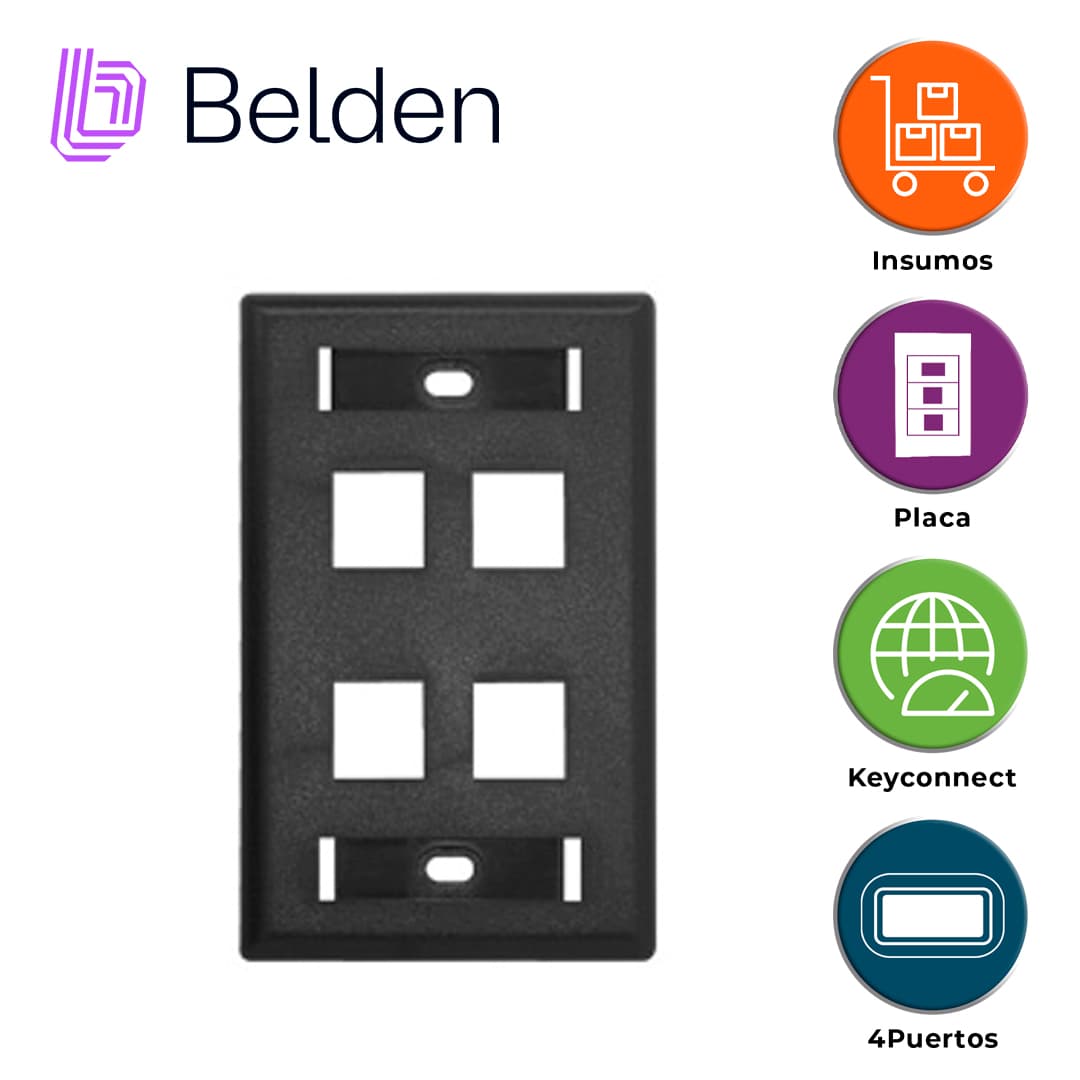 PLACA DE PARED (FACEPLATE) BELDEN AX104163 / KEYCONNECT / INTERIOR / NEGRO / 4 PUERTOS / PIEZA - Miniatura 4