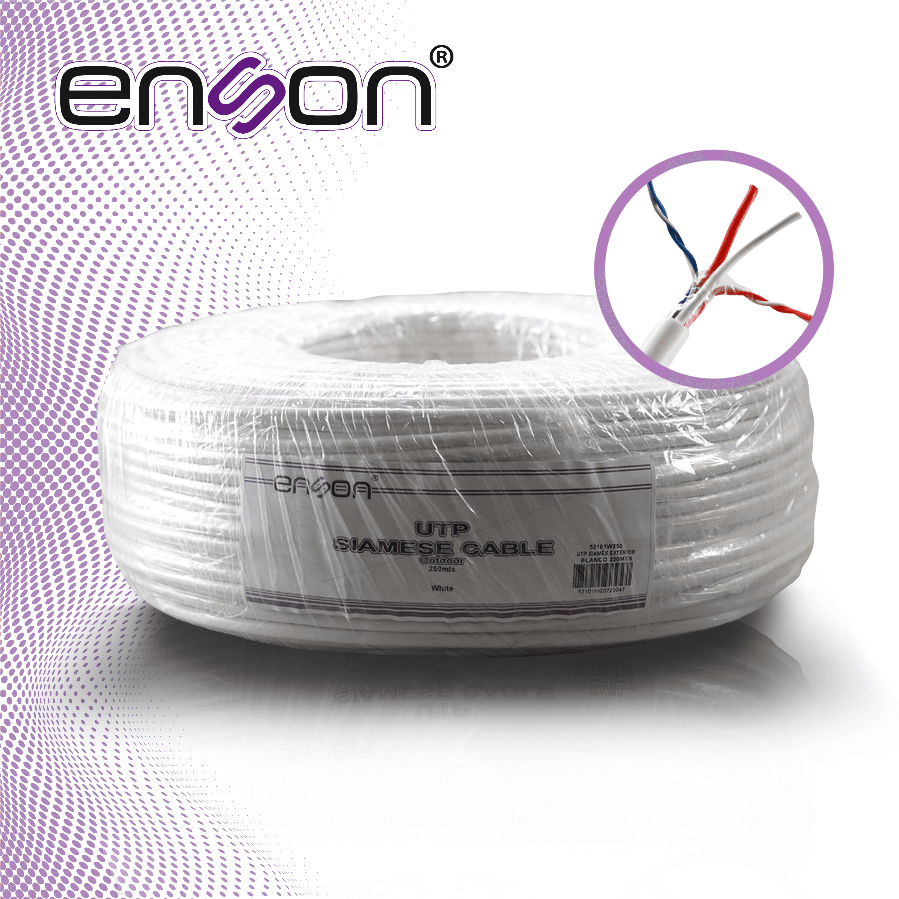 CABLE UTP SIAMES ENSON 52101W250 4C PARA DATOS Y DOS CABLES CALIBRE 18AWG (ROJO Y NEGRO) PARA ALIMENTACION, DISEÑADO PARA SU USO EN SOLUCIONES DE CCTV UNICAMENTE, BOBINA DE 250 METROS COLOR BLANCO PARA SU USO EN EXTERIOR - Miniatura 6