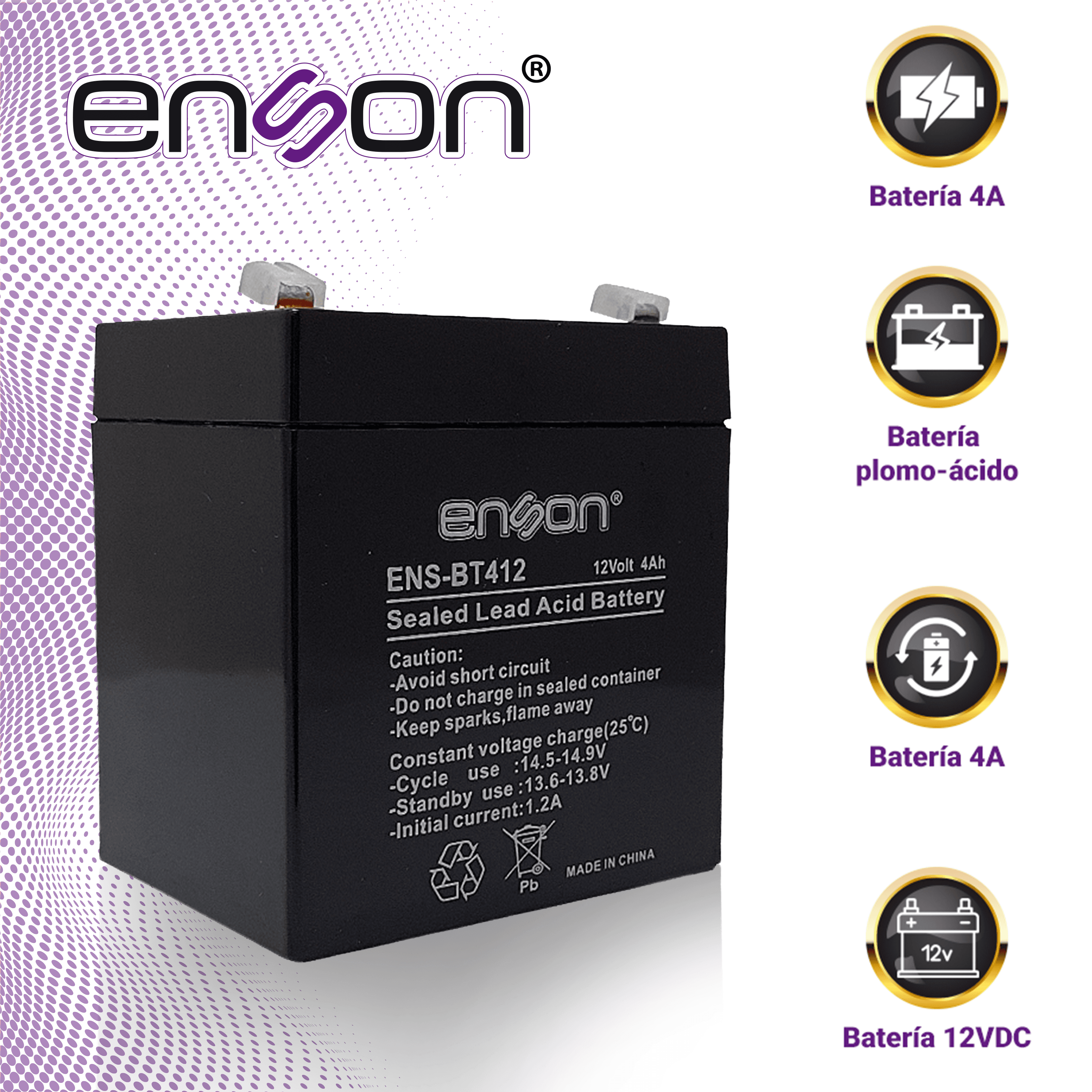 BATERIA DE RESPALDO ENSON ENS-BT412 12VDC 4A BASE PLOMO-ACIDO PARA FUENTES DE PODER Y SISTEMAS DE RESPALDO - Miniatura 4