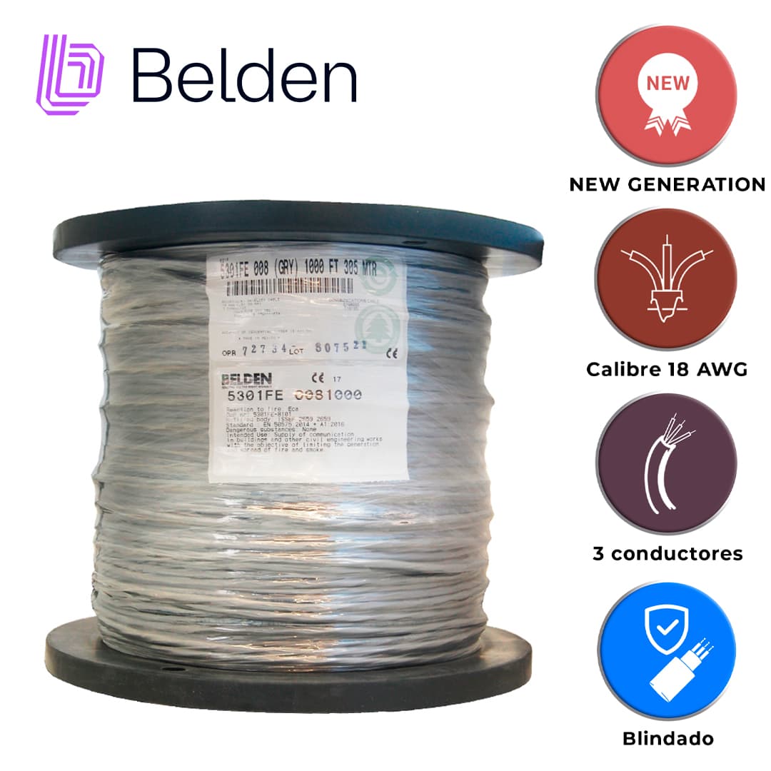 CABLE DE SEGURIDAD Y SONIDO BELDEN 5301FE 0081000 / INTERIOR / GRIS / 3 CONDUCTORES / 18 AWG / MULTIFILAR / FORRO PVC / CMR / BLINDADO / BOBINA / 1,000 PIES 305 METROS - Miniatura 6