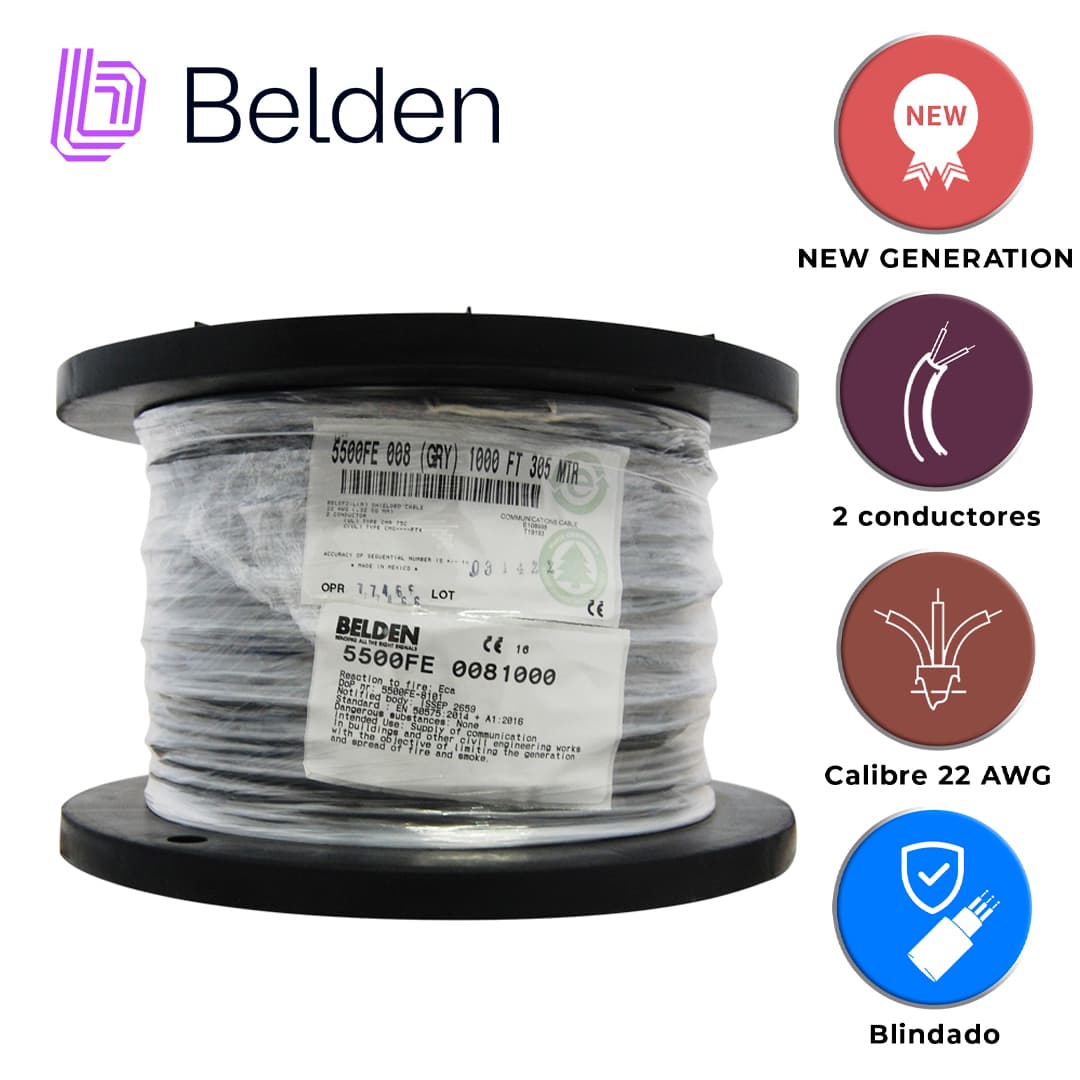 CABLE DE SEGURIDAD Y SONIDO BELDEN 5500FE 0081000 / INTERIOR / GRIS / 2 CONDUCTORES / 22 AWG / MULTIFILAR / FORRO PVC / CMR / BLINDADO / BOBINA / 1,000 PIES 305 METROS - Miniatura 4