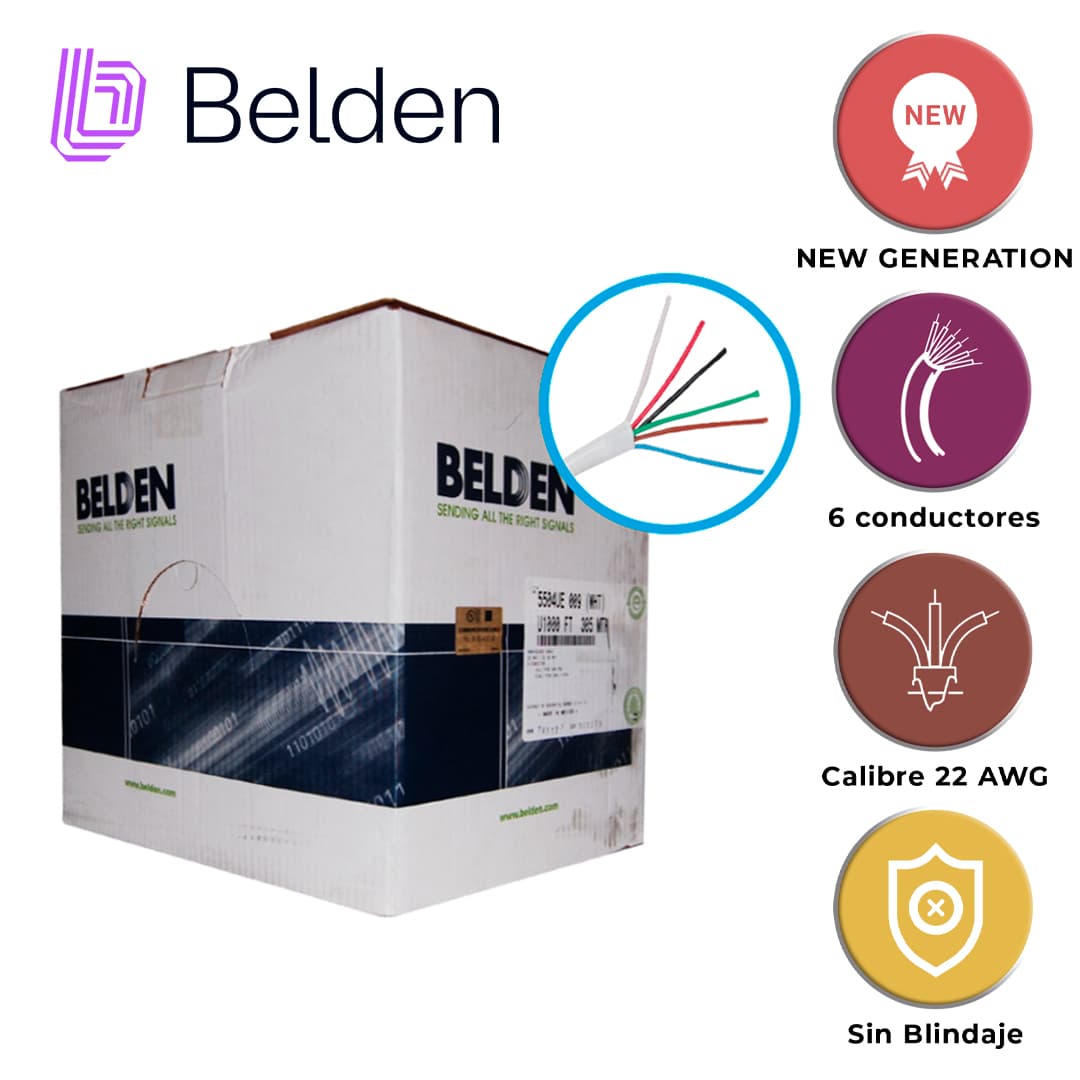 CABLE DE SEGURIDAD Y SONIDO BELDEN 5504UE 009U1000 / INTERIOR / BLANCO / 6 CONDUCTORES / 22 AWG / MULTIFILAR / FORRO PVC / CMR / EN CAJA / 1,000 PIES 305 METROS - Miniatura 5