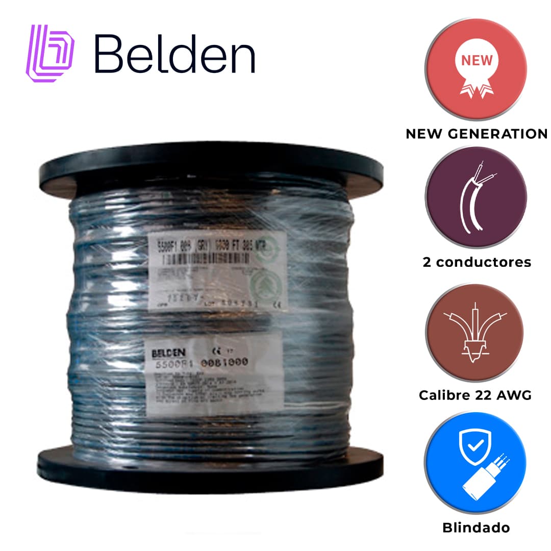 CABLE DE SEGURIDAD Y SONIDO BELDEN 5500F1 0081000 / ENTORNO RUIDOSO Y HUMEDO / GRIS / 2 CONDUCTORES / 22 AWG / MULTIFILAR / FORRO PVC / CM / BLINDADO / BOBINA / 1,000 PIES 305 METROS - Miniatura 5