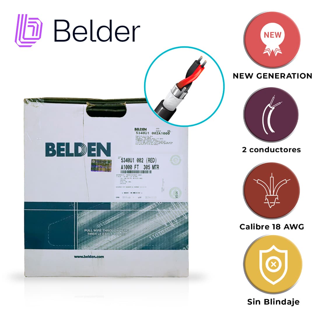 CABLE DE SEGURIDAD Y SONIDO BELDEN 5340U1 002A1000 / INTERIOR/EXTERIOR / ROJO / 2 CONDUCTORES / 18 AWG / MULTIFILAR / FORRO PVC / CMR - CMG - FPL - PLTC / BLOQUEO DE AGUA / BOBINA EN CAJA / 1,000 PIES 305 METROS - Miniatura 3