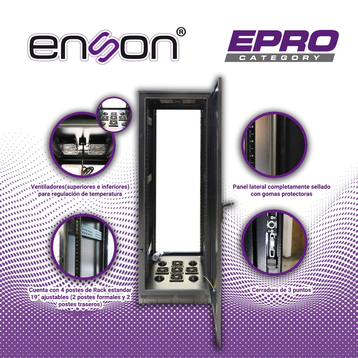 GABINETE EXTERIOR 42UR ENSON ENS-RKGB042U8 600X800 FABRICADO EN ACERO CON TIRA SELLADA EN PUERTA DELANTERA Y TRASERA  - Miniatura 6