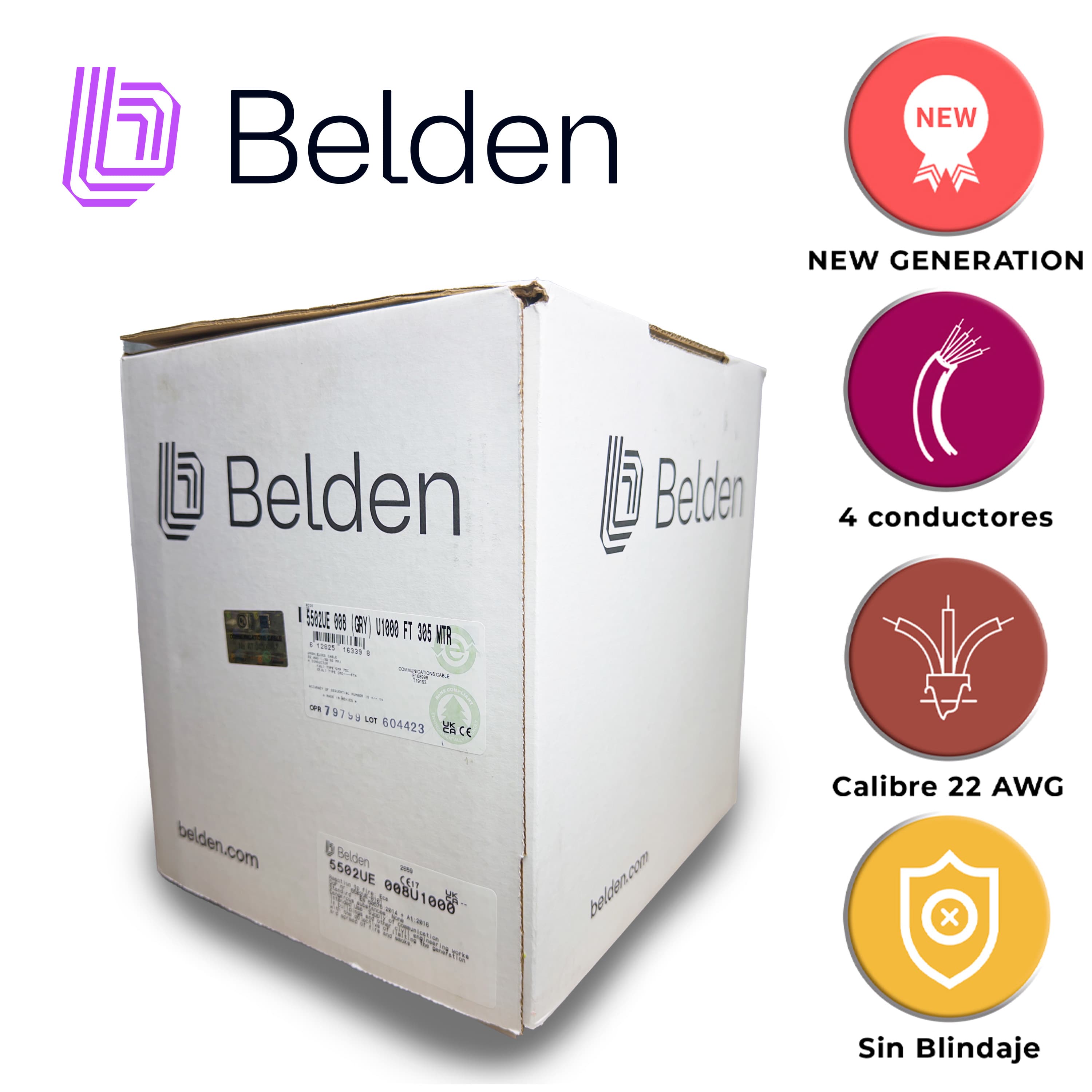 CABLE DE SEGURIDAD Y SONIDO BELDEN 5502UE 008U1000 / INTERIOR / GRIS / 4 CONDUCTORES / 22 AWG / MULTIFILAR / FORRO PVC / CMR / EN CAJA / 1,000 PIES 305 METROS - Miniatura 5